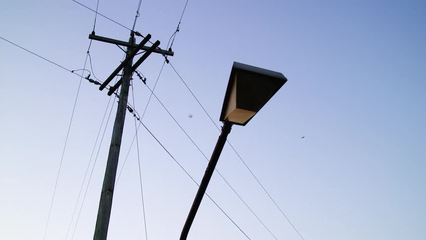 The power lines run through the clear sky