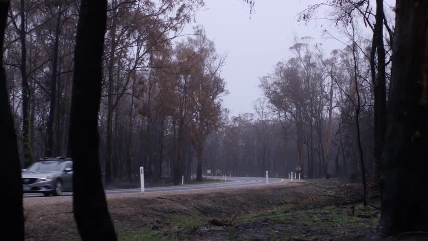 A car drives around the bend on the road