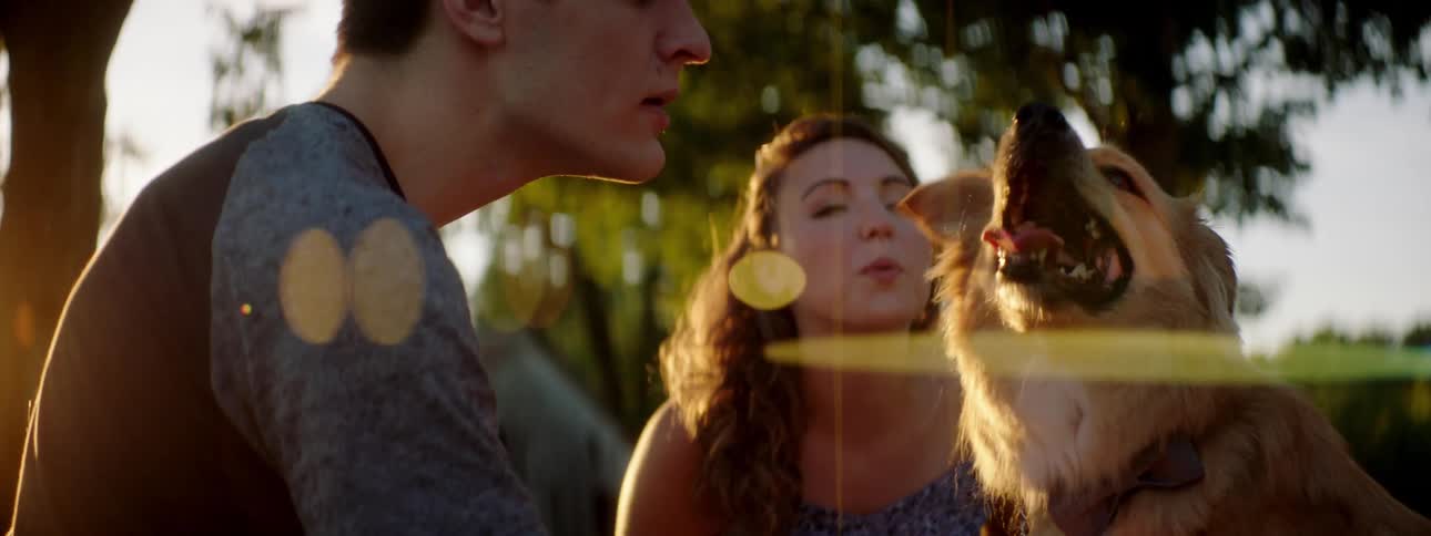 A man and woman sit outside playing with their dog