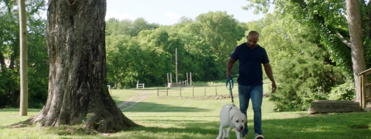 A man smiles as his large white labrador dog pulls on his leash as they walk in a park behind a neighborhood