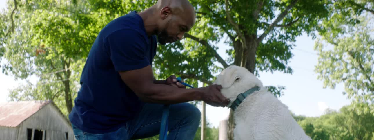 A black man smiles as he pets a white dog outdoors