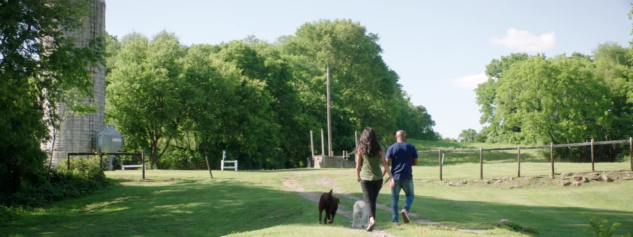 A man and woman walk their dogs together through a field at the base of a tower on a sunny day