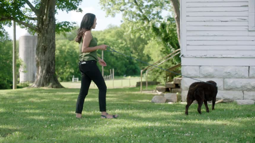 Woman with wavy hair a green blouse and black pants walks a dog on green grass next to a white house