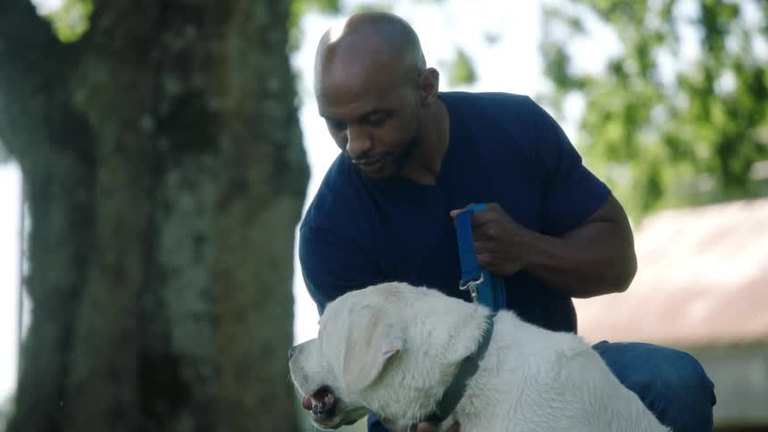 A man kneels on the ground beside his dog and pets his chest