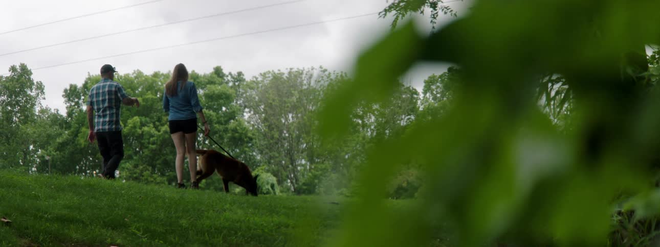 A man a woman and a dog on a leash walking on grass with trees in the background