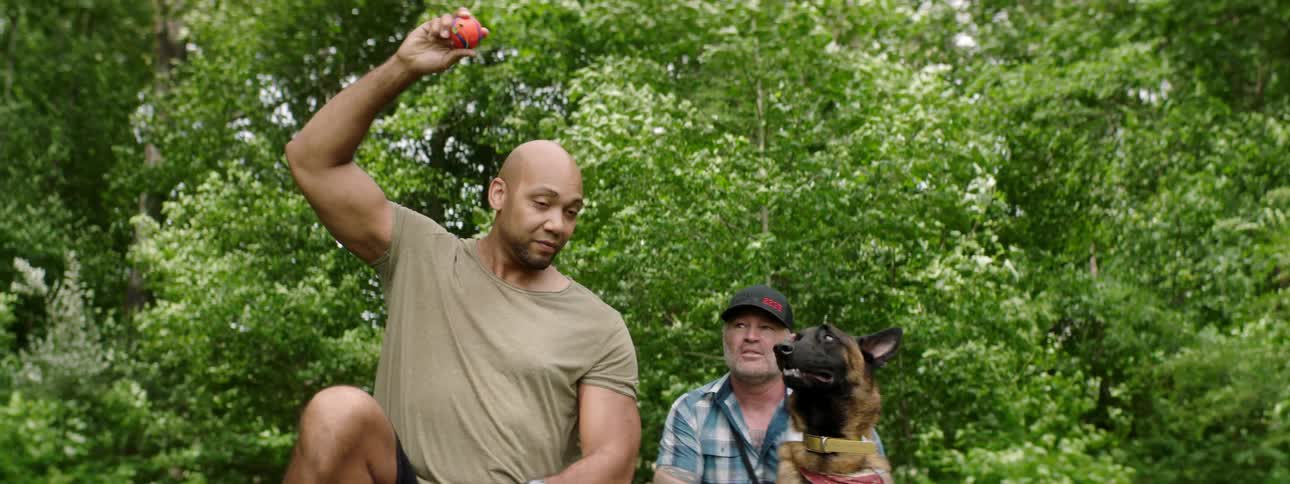 A man throws a ball down on the ground and a dog jumps up to grab it