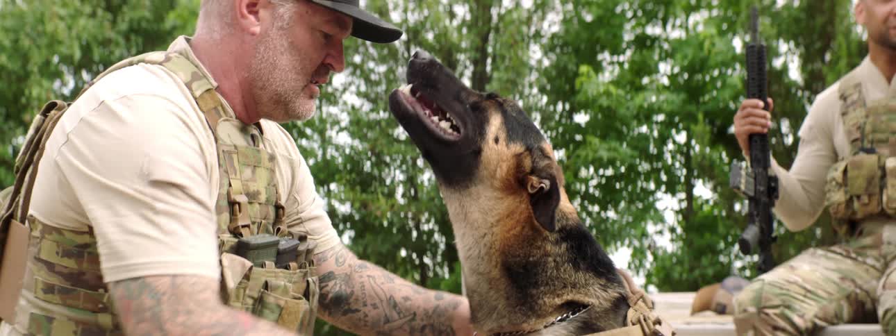 A kneeling soldier adjusts the vest and leash of a dog