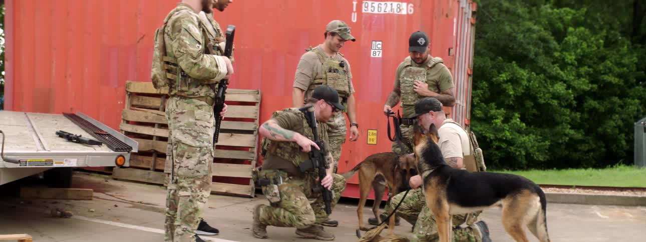 Men in tactical gear carrying weapons stand in a parking lot talking and petting the canine members of the team
