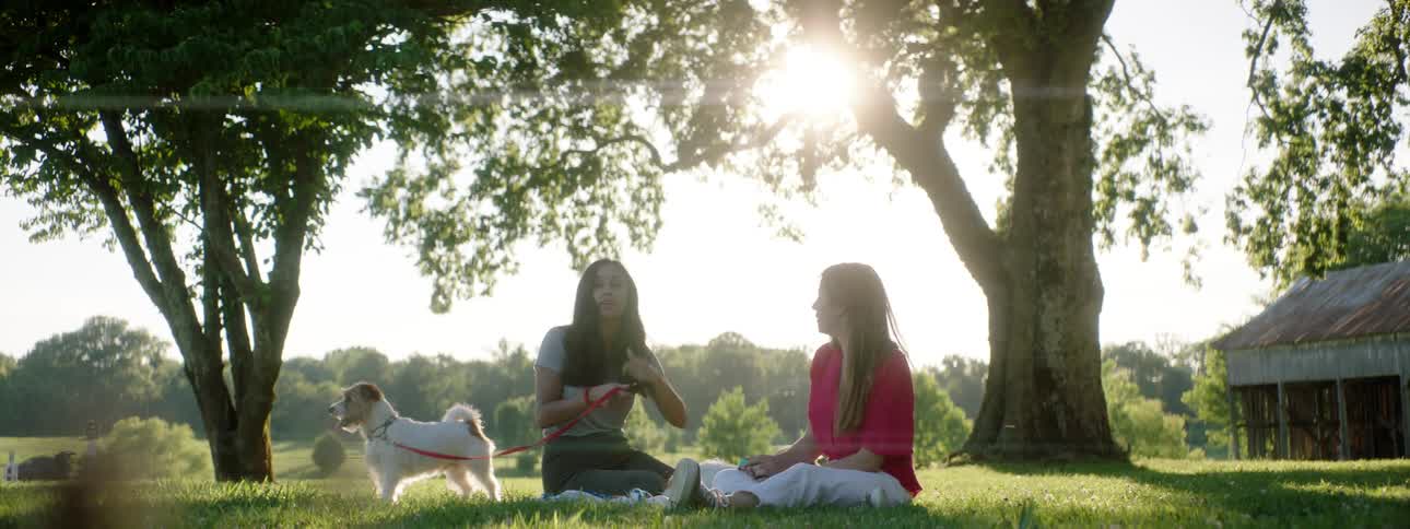 Two women sit in a large grass yard with their dogs