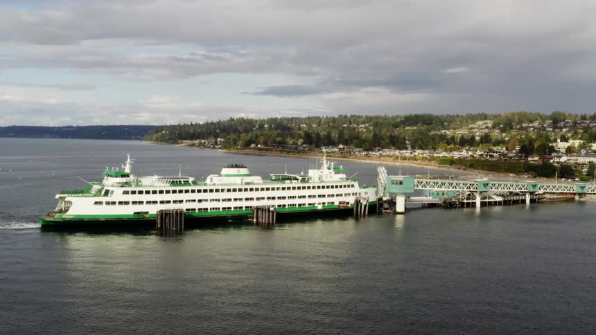 Ship sits at dock near town surrounded by forest under cloudy sky