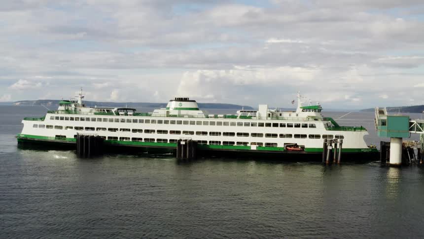 A large ferry is docked by the port