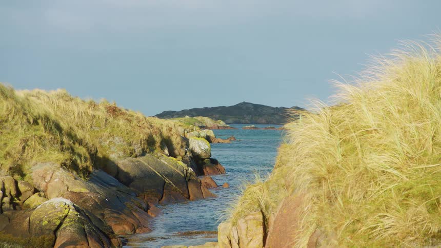 Water flowing near a rocky shoreline on a summer day