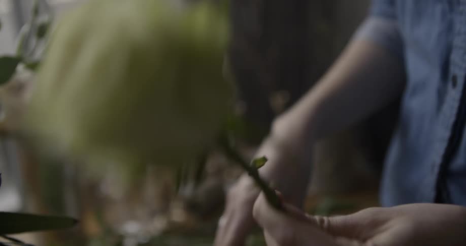 A woman is cutting thorns off a flower