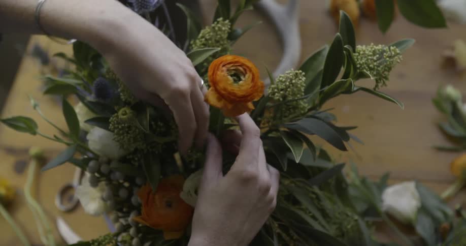 A person is arranging flowers in a vase