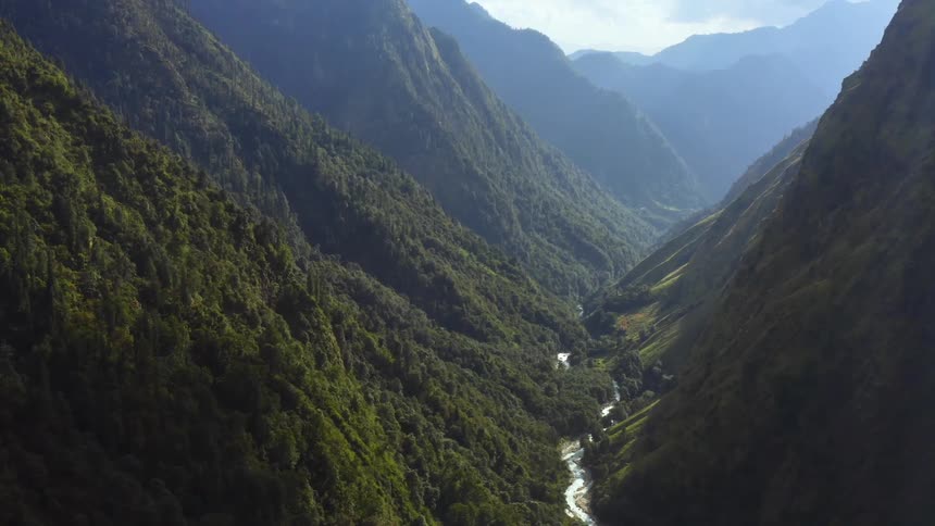 A narrow river runs through a canyon covered in lush green trees and vegetation
