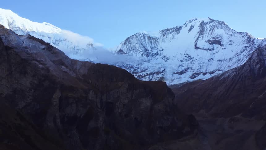 Aerial view of snowy mountains is displayed
