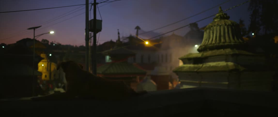 A flashing yellow light highlights the smoke rising from a building in a dense city at night