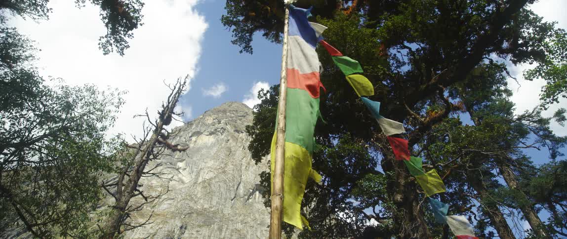 Banners flutter against trees backed by mountain face under cloudy sky