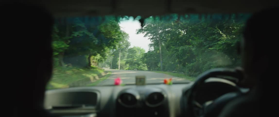 Two people are driving in a car in spring
