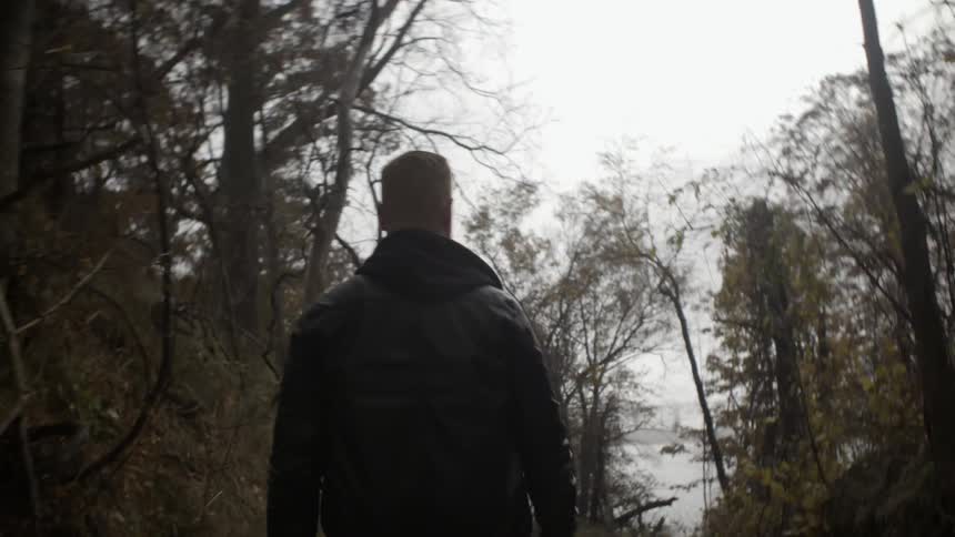 A man walks alone in the woods