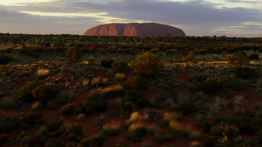 Uluru Ayers Rock looms in the distance over a vast shrubland during the day