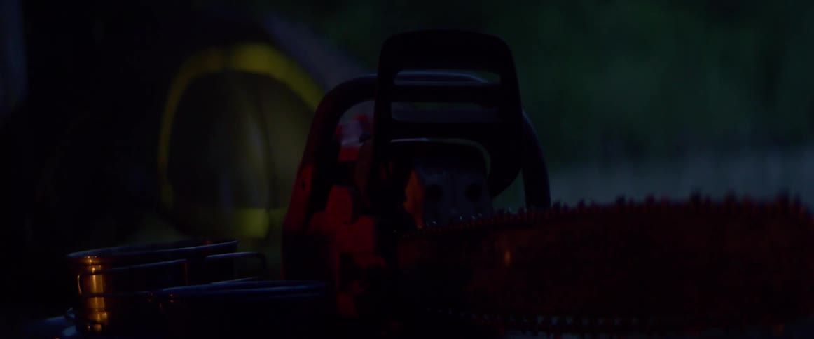 Chainsaw next to the campfire at night