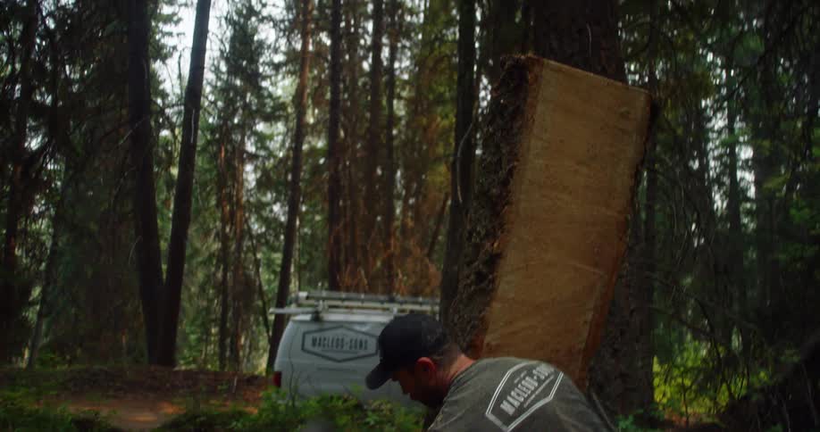 A man picks up a large tree log over his shoulder and walks to his company van in the woods