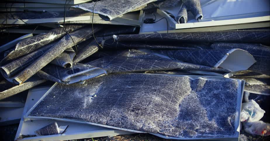 A pile of garbage with filters and wires with sunlight shining on it