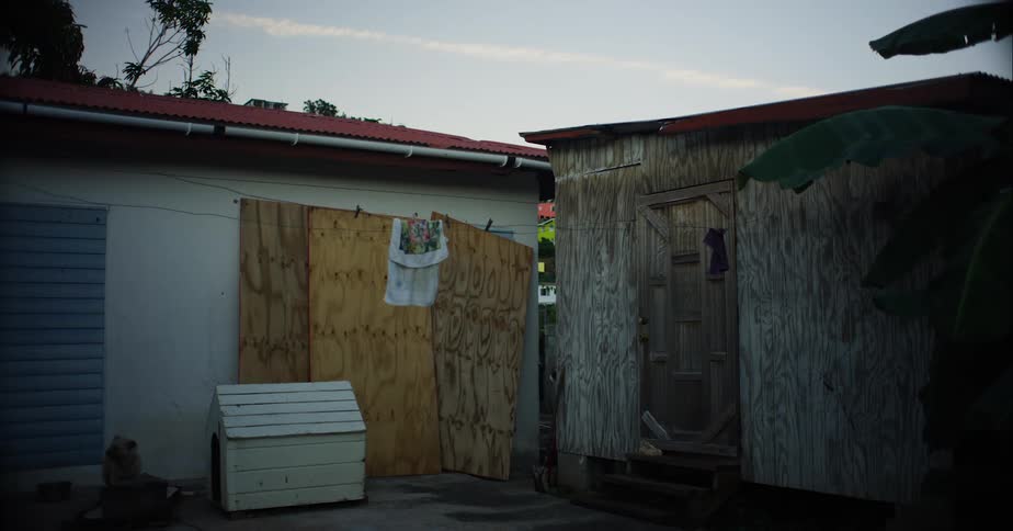 A dog next to a dog house with a building trees and the sky in the background
