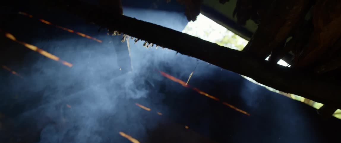 Smoke rises from floor of smokehouse toward hanging meat