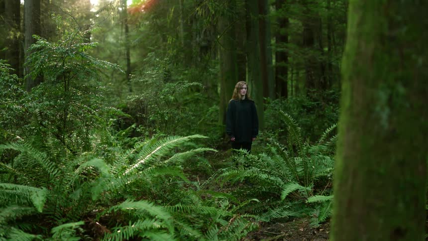 A woman in black clothing stands motionlessly in a forest during the day