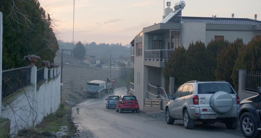 A black and white dog runs down the middle of the street and past vehicles and an apartment building on a hill