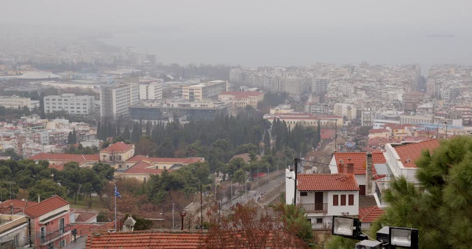 A city with trees buildings roads and vehicles