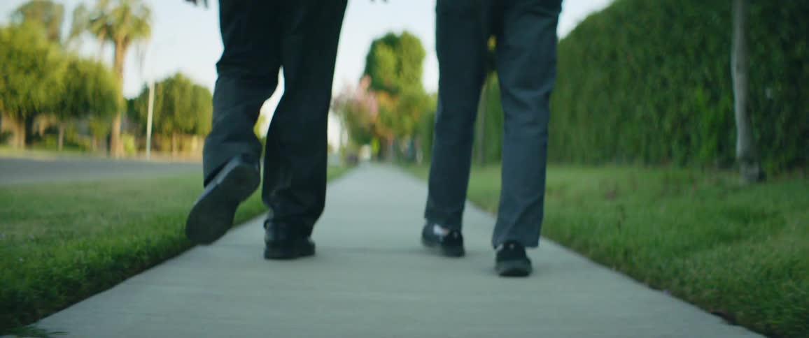 Two men walk down sidewalk past vine covered wall holding hands