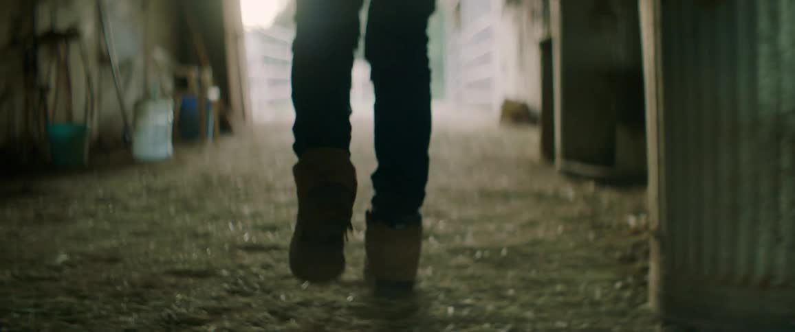 A person walking through a stable on a farm