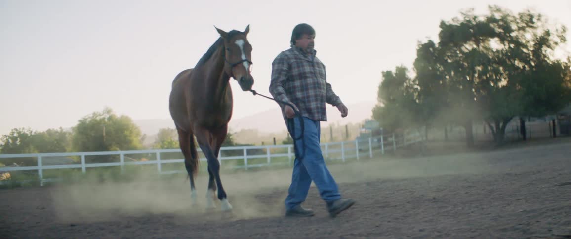 A man leads his horse around a stable on a farm