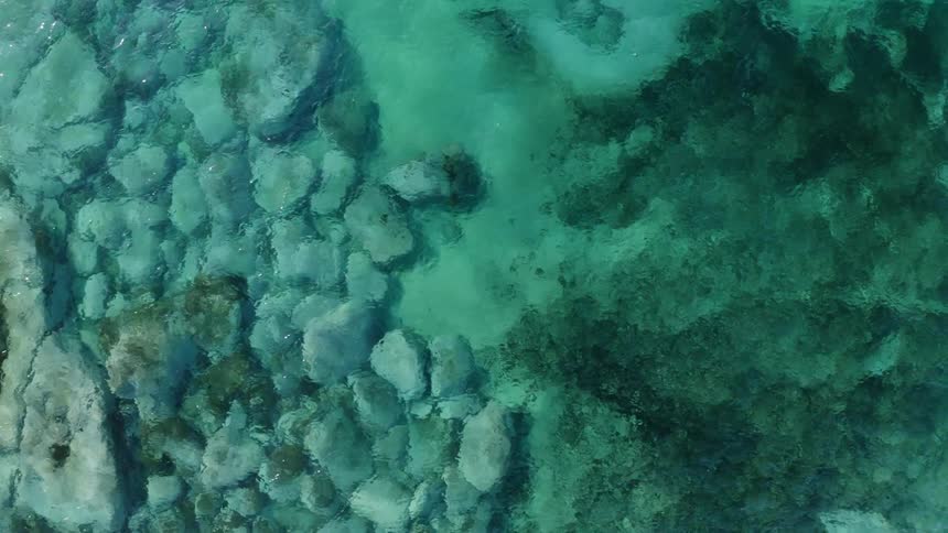 Turquoise ocean water rippling over rocks and seaweed on the coast