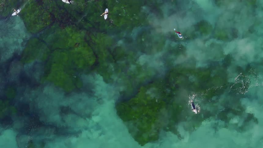 Surfers paddle around on surfboards on ocean water showing seafloor