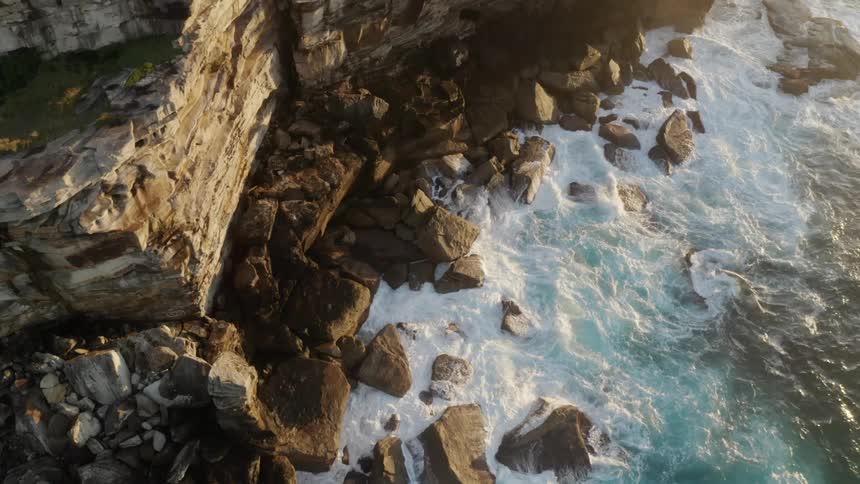 Foamy ocean waves crash against the cliff
