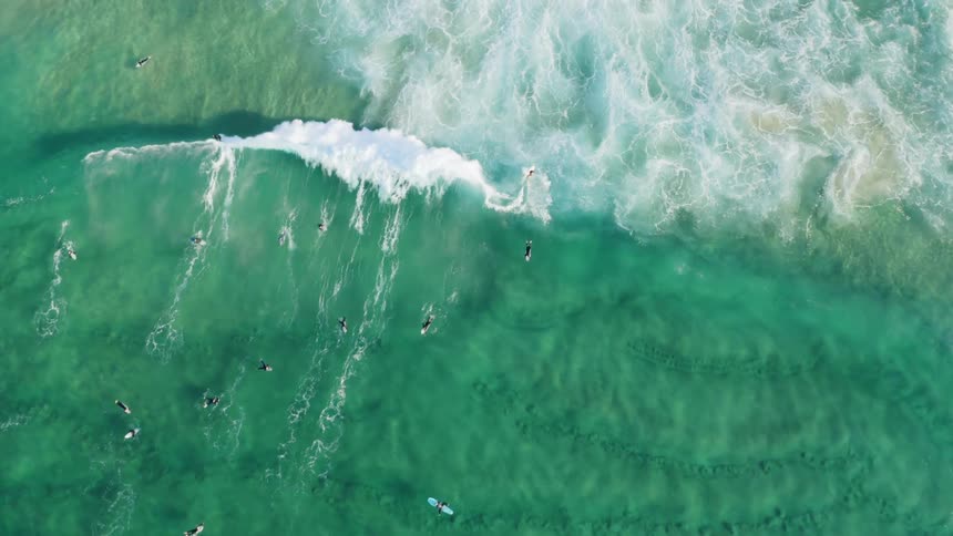 Large group of people surfing in ocean