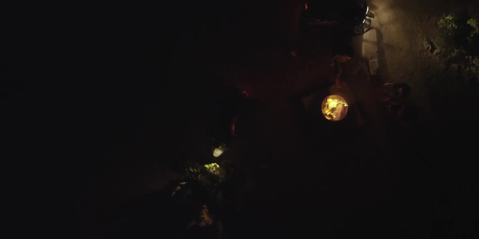 A group of people stand around a fire