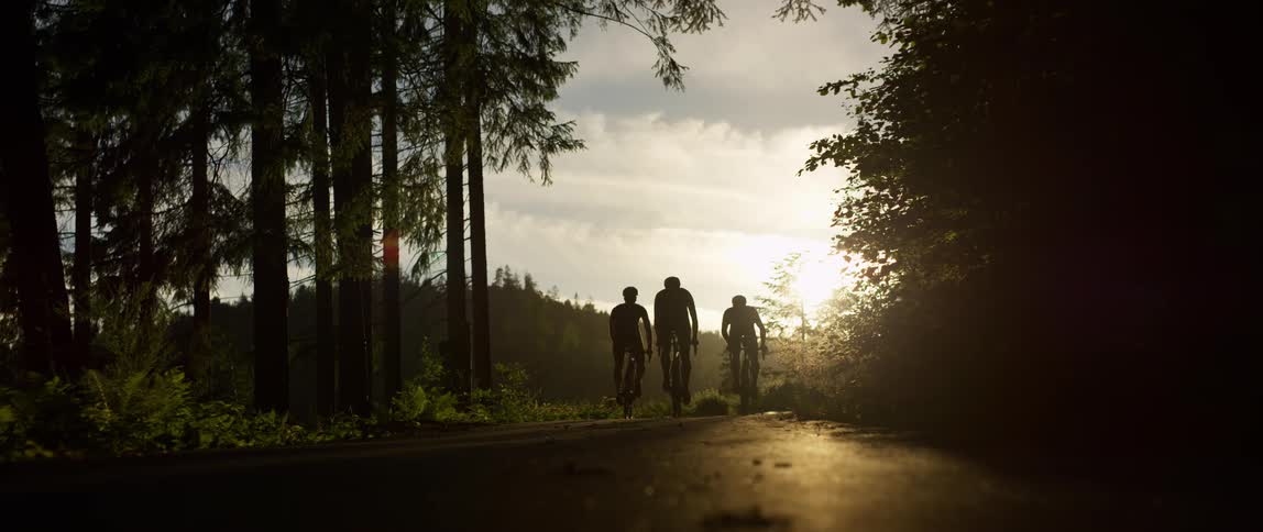Three men are riding bikes at dusk