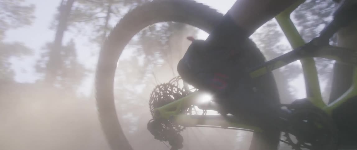 A person rides downhill in the forest on their mountain bike