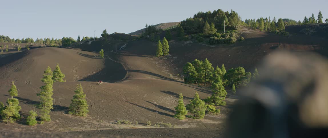 A person riding a bike down a hill with trees with the sky and clouds in the background