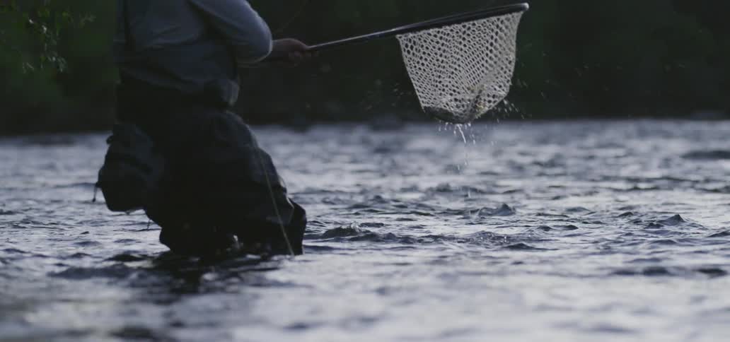 A person fishing with a net in a river