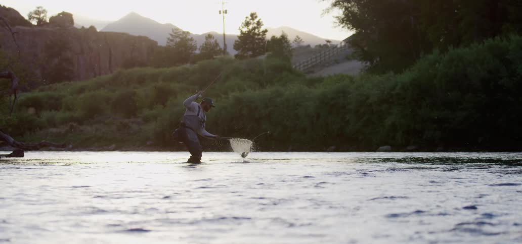 A man stands in a lake and catches a fish with a large net