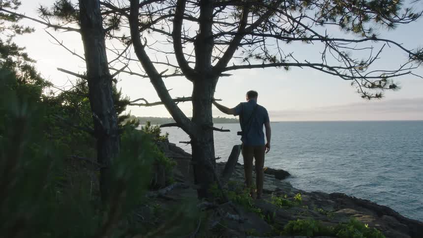 A man looks out onto a coast while leaning on a tree then walks forward on a rocky beach