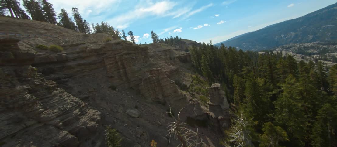 A gray stony mountain cliff amid an evergreen forest on a sunny day