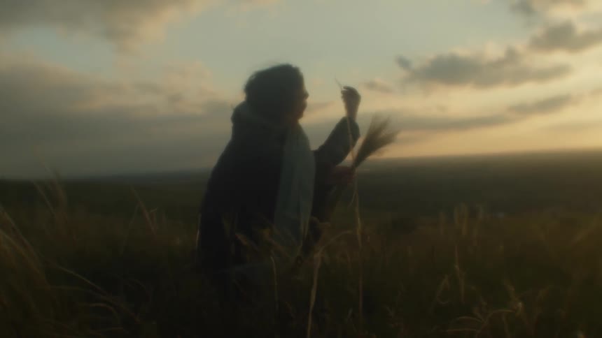 A woman in a grass field looks at a piece of grass she holds