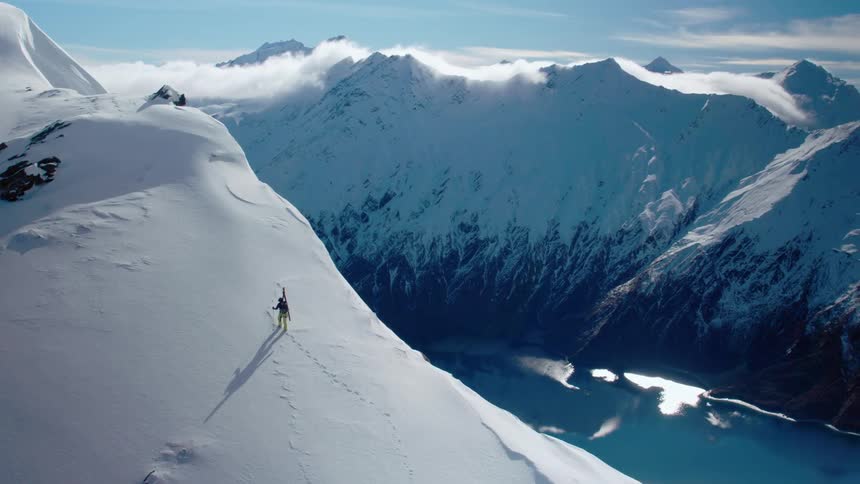 A skier walks up a mountain with a lake below